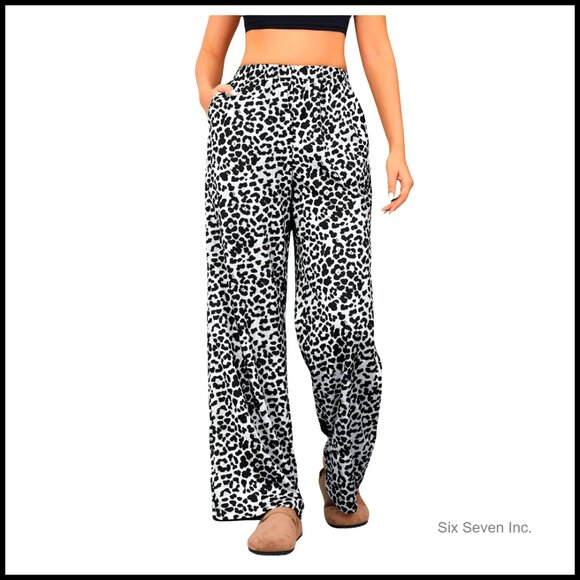 Leopard Print Elastic High Waist Wide Leg Casual Pants with Pockets